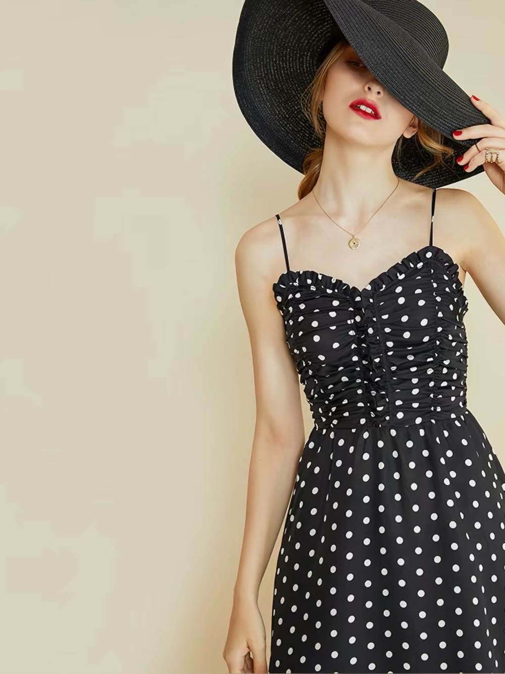 Summer dress — Black Polka Dot Ruched Midi Dress with Spaghetti Straps